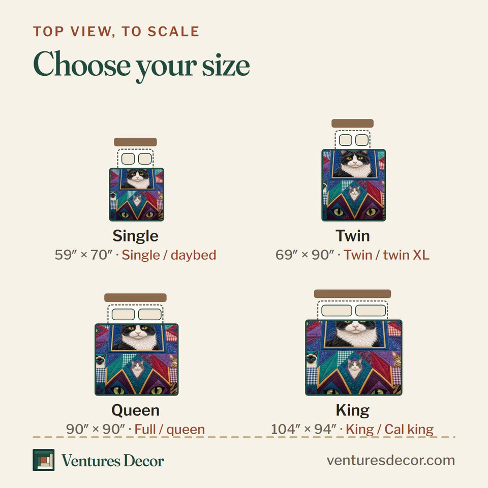 Size guide for the Feline Patchwork quilt, top view to scale: Single 59 x 70 in, Twin 69 x 90 in, Queen 90 x 90 in, King 104 x 94 in