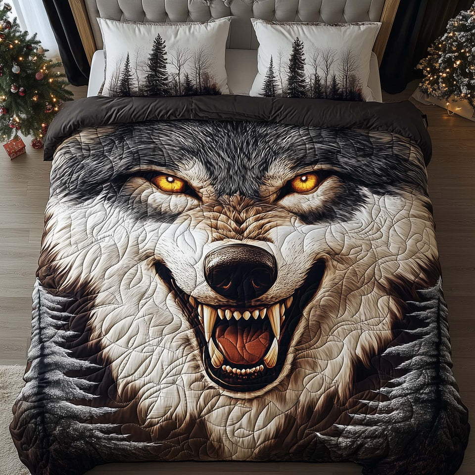 Feral Fury quilted bedding set, quilt and two pillow shams on a made bed
