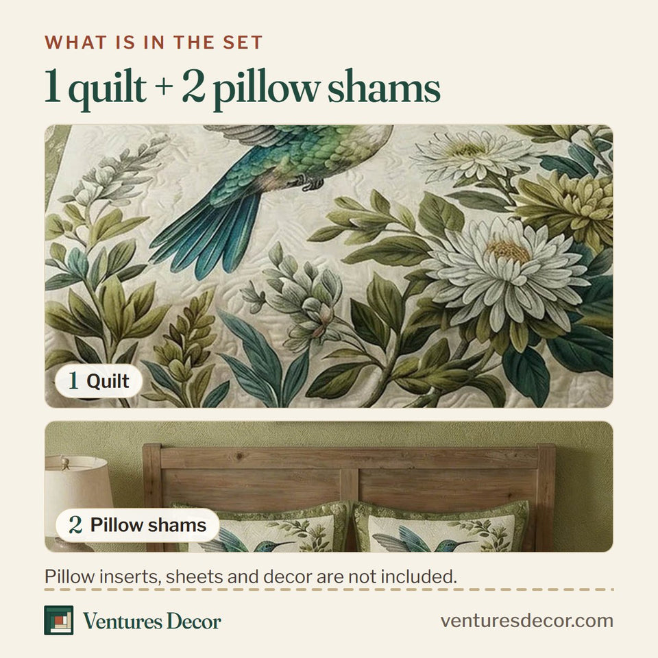 What is in the set: one quilt and two pillow shams, shown in the Fern Green Hummingbird design