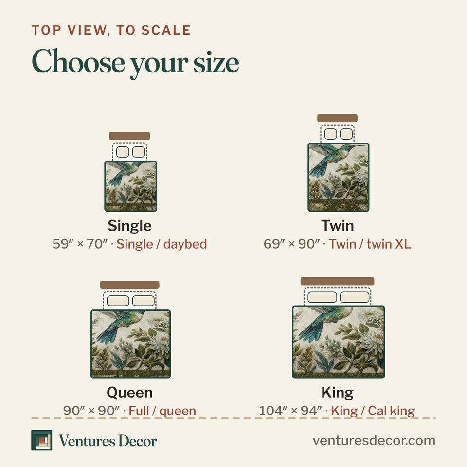 Size guide for the Fern Green Hummingbird quilt, top view to scale: Single 59 x 70 in, Twin 69 x 90 in, Queen 90 x 90 in, King 104 x 94 in