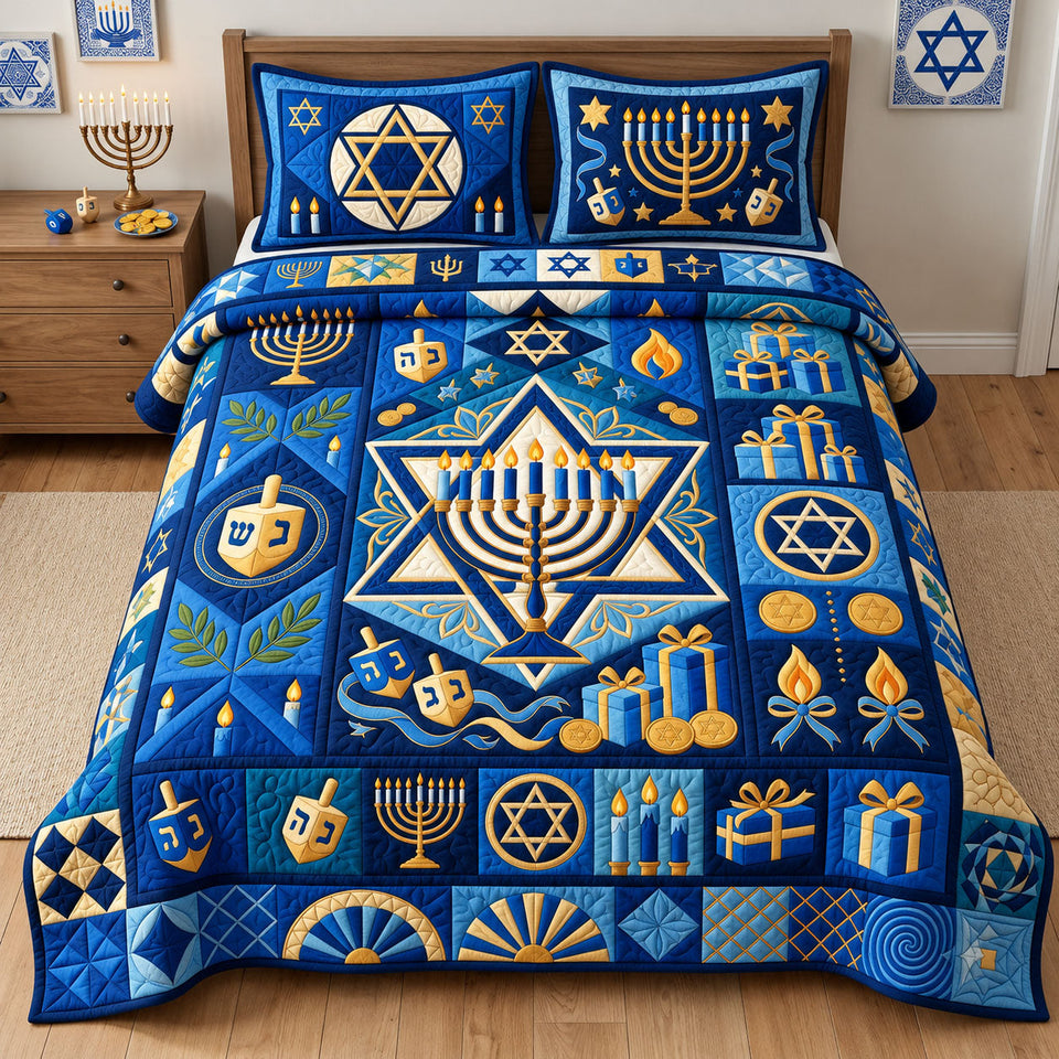 Festival Lights quilted bedding set, quilt and two pillow shams on a made bed