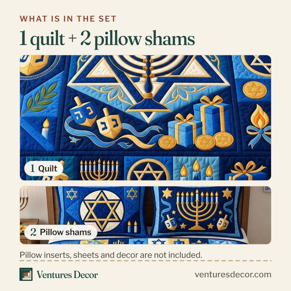 What is in the set: one quilt and two pillow shams, shown in the Festival Lights design