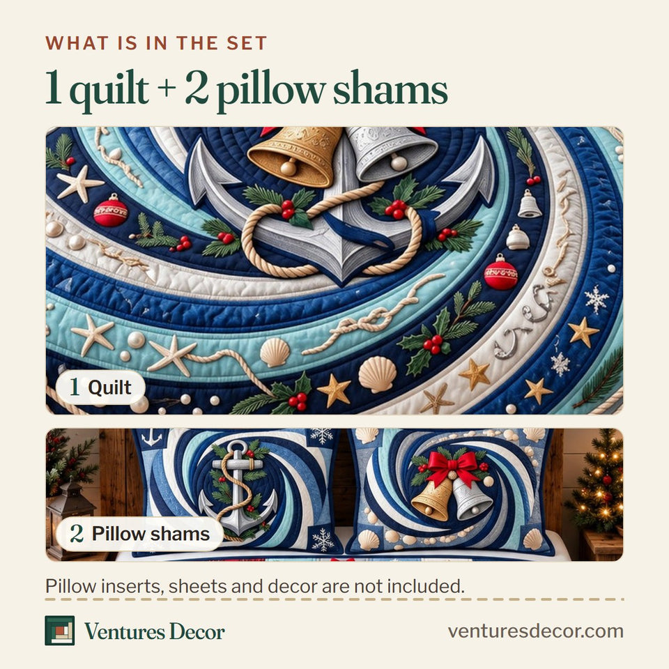 What is in the set: one quilt and two pillow shams, shown in the Coastal Festive Anchor Bells Quilt Set, 3-Piece Quilted Bedding with 2 Pillow Shams design