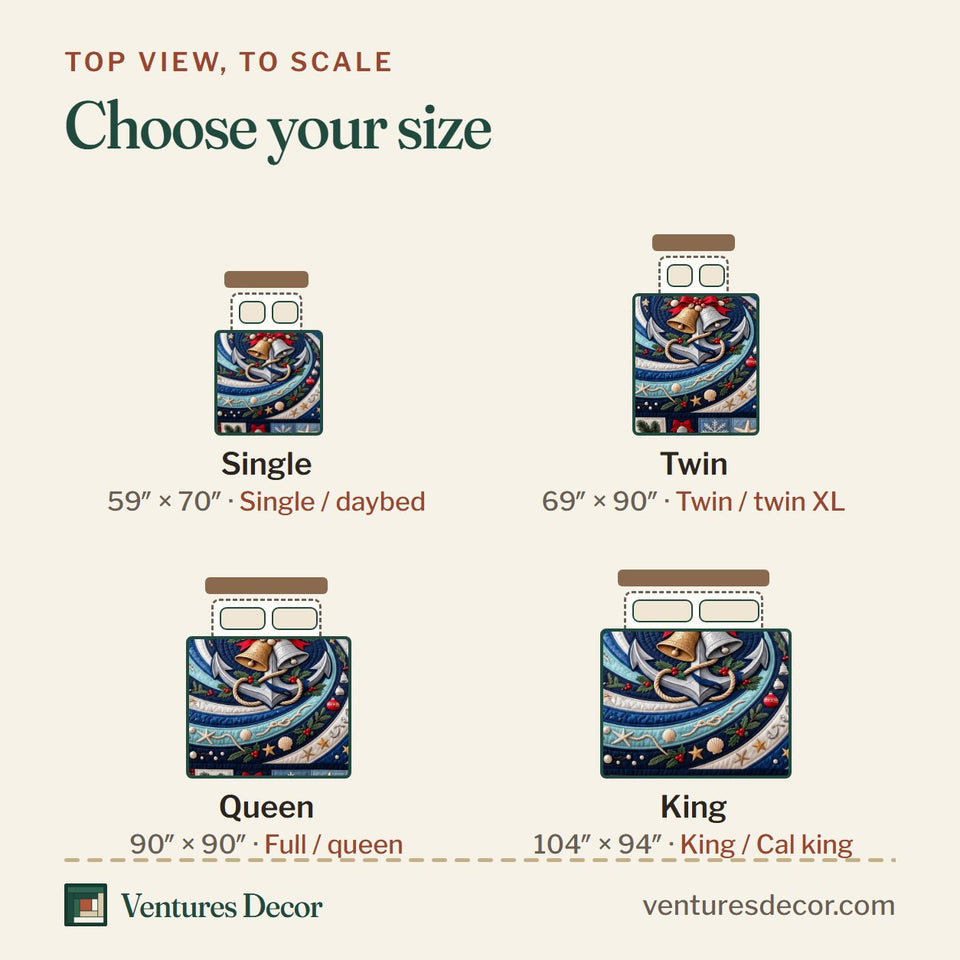 Size guide for the Coastal Festive Anchor Bells Quilt Set, 3-Piece Quilted Bedding with 2 Pillow Shams quilt, top view to scale: Single 59 x 70 in, Twin 69 x 90 in, Queen 90 x 90 in, King 104 x 94 in