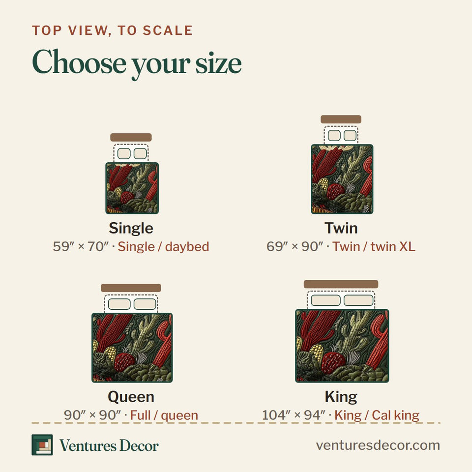 Size guide for the Festive Cactus quilt, top view to scale: Single 59 x 70 in, Twin 69 x 90 in, Queen 90 x 90 in, King 104 x 94 in