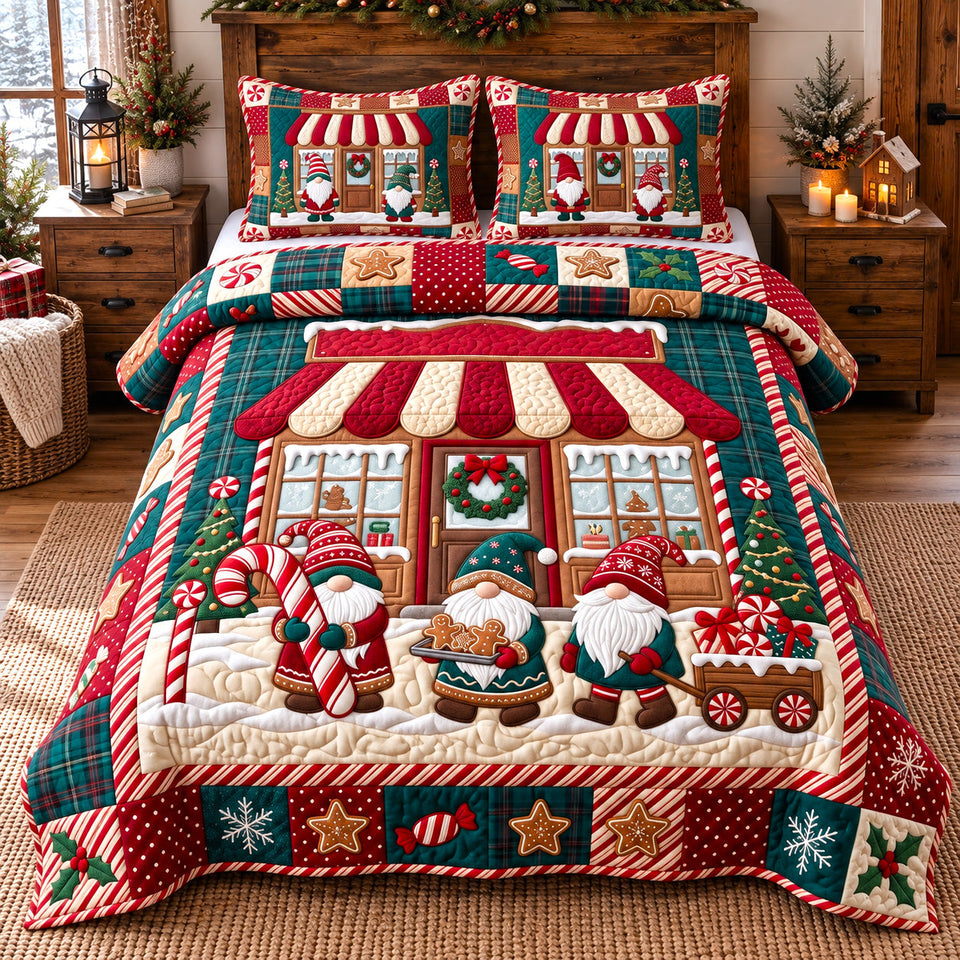 Festive Candy Shop Gnomes quilted bedding set, quilt and two pillow shams on a made bed