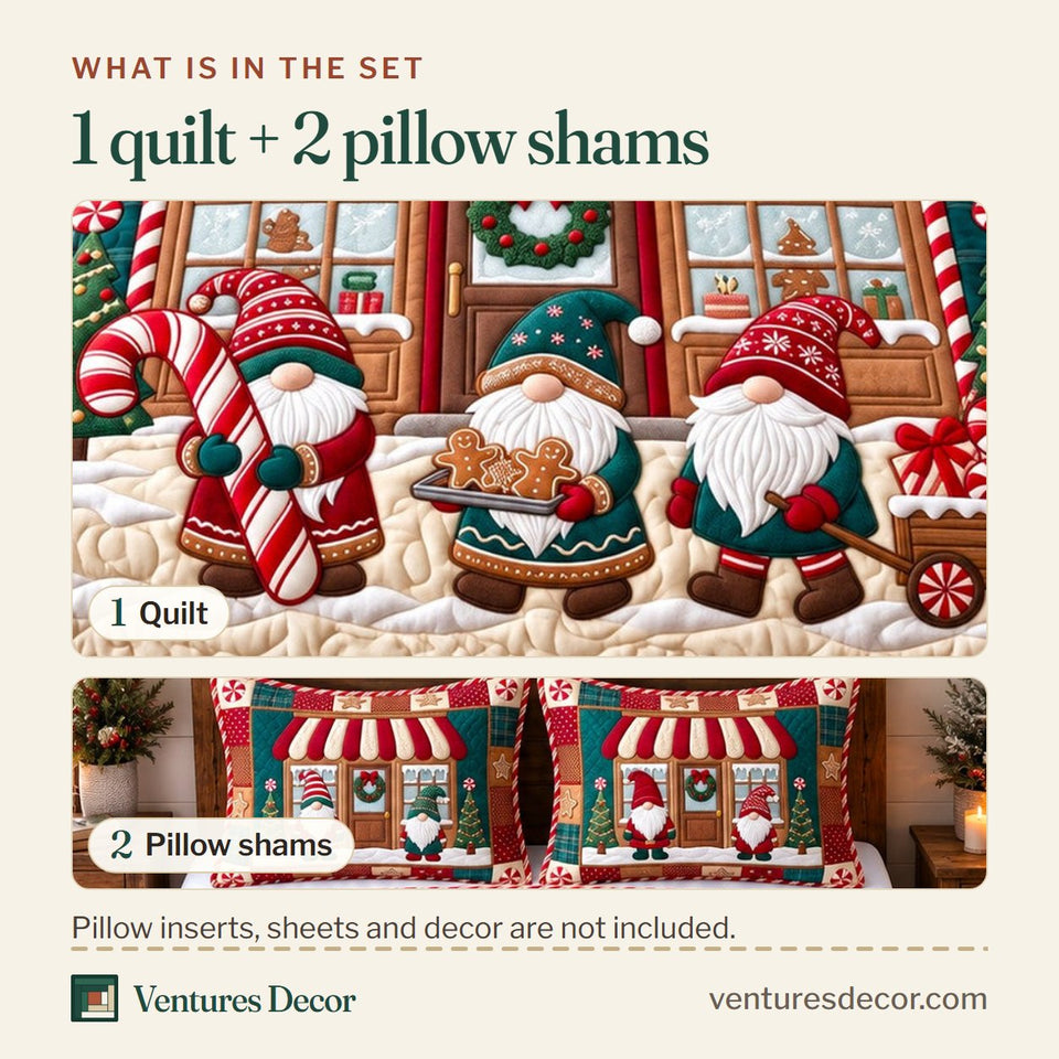 What is in the set: one quilt and two pillow shams, shown in the Festive Candy Shop Gnomes Quilt Set, 3-Piece Quilted Bedding with 2 Pillow Shams design