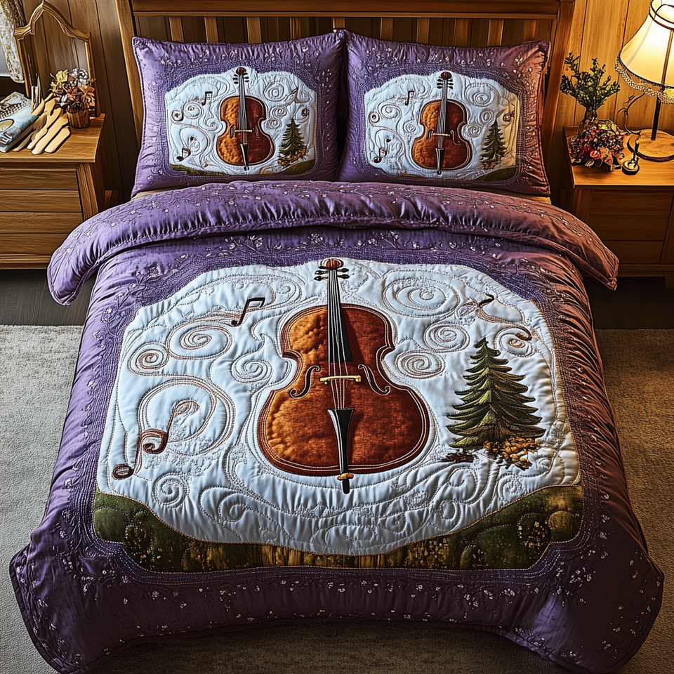 Festive Cello Purple Evergreen Frame quilted bedding set, quilt and two pillow shams on a made bed