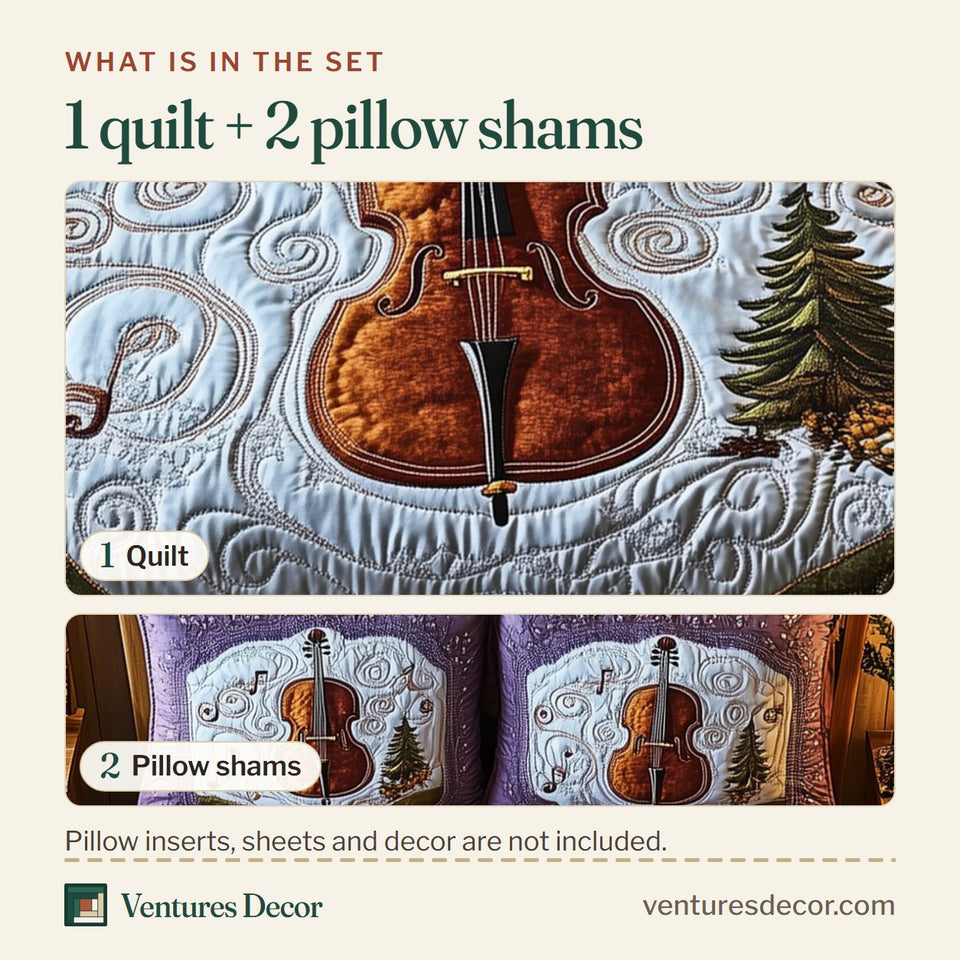 What is in the set: one quilt and two pillow shams, shown in the Festive Cello Purple Evergreen Frame design