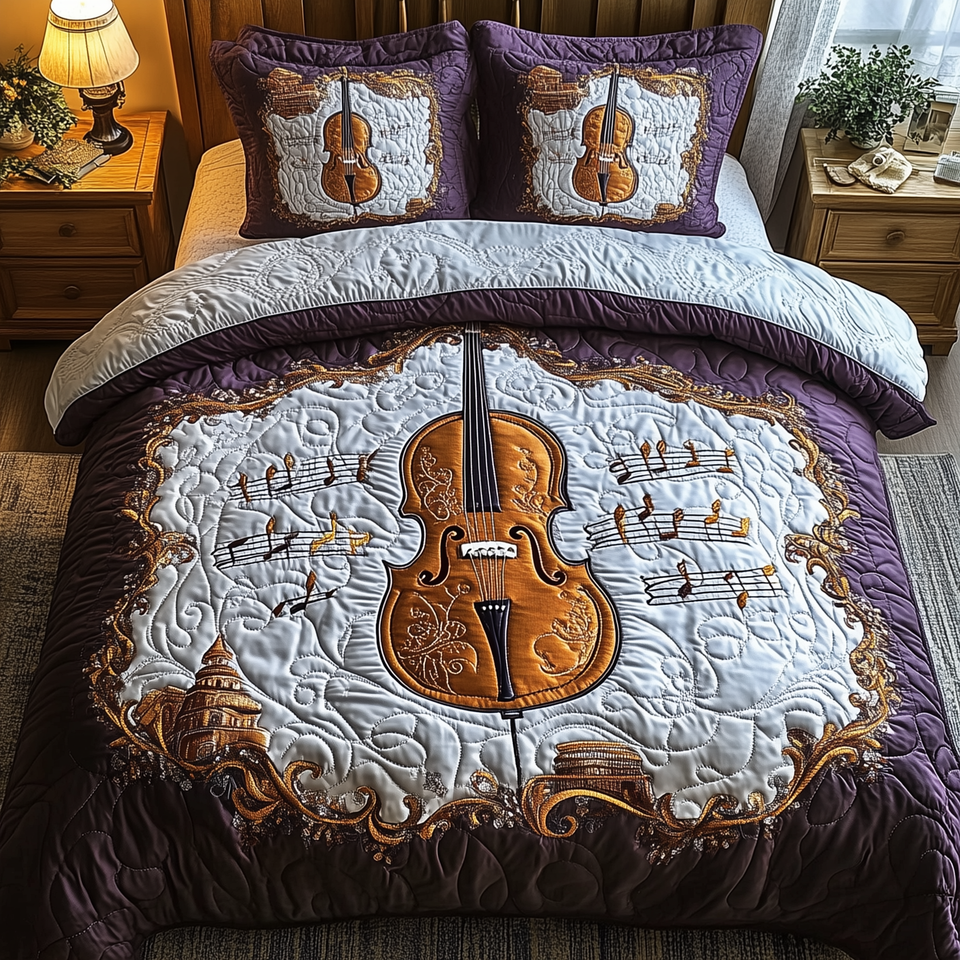 Festive Cello Scalloped Cream Medallion quilted bedding set, quilt and two pillow shams on a made bed