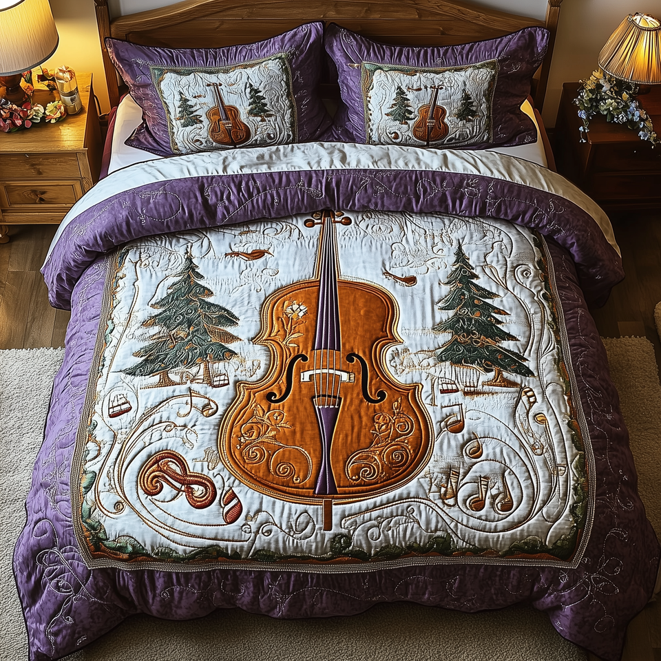 Festive Cello Twin Pine Panel quilted bedding set, quilt and two pillow shams on a made bed