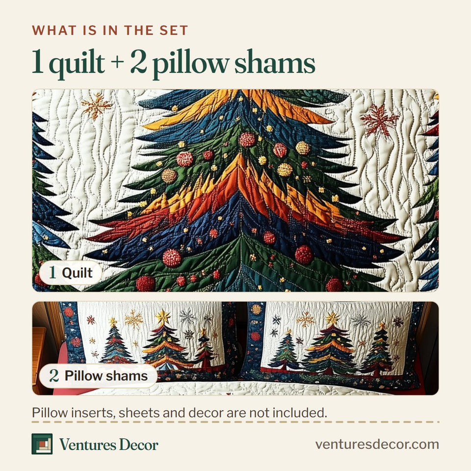 What is in the set: one quilt and two pillow shams, shown in the Festive Christmas Tree design
