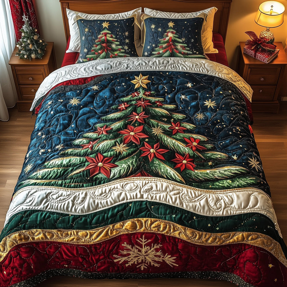 Festive Evergreen Midnight Blue Snowflake quilted bedding set, quilt and two pillow shams on a made bed