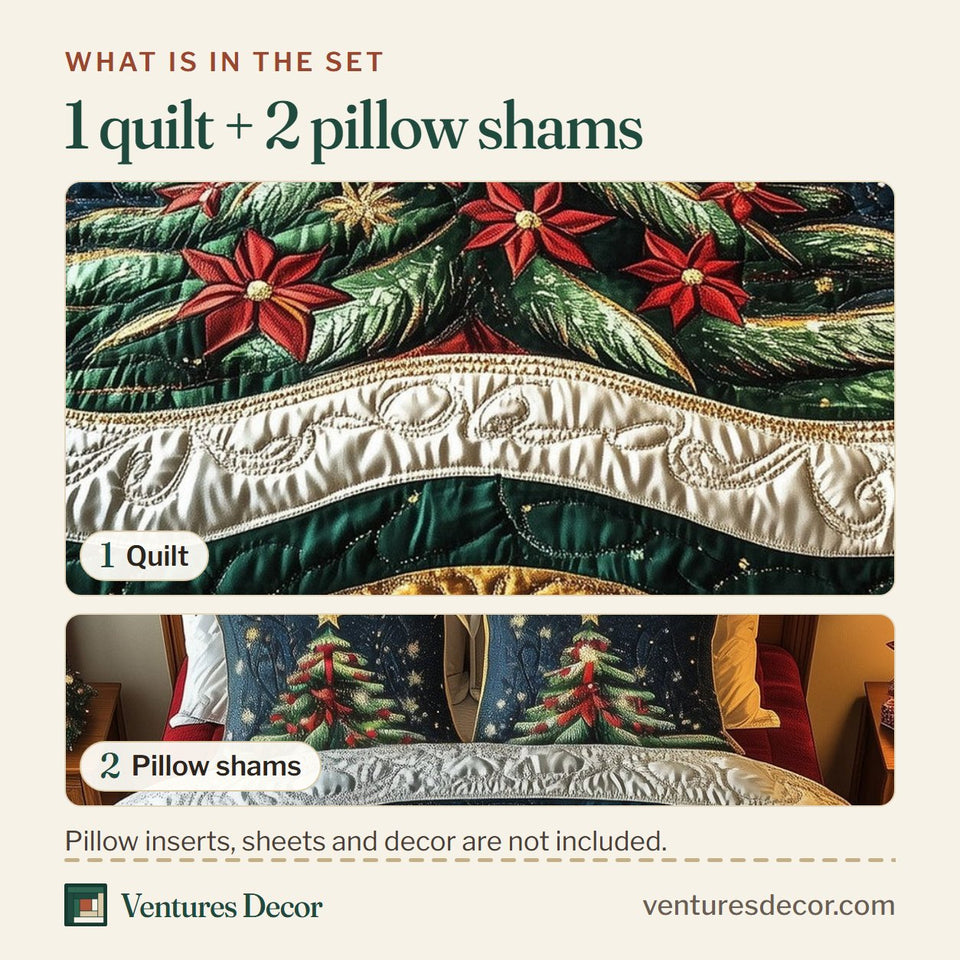 What is in the set: one quilt and two pillow shams, shown in the Festive Evergreen Midnight Blue Snowflake design