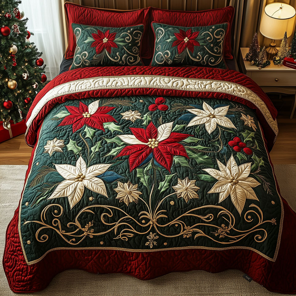 Festive Floral Dream Deep Green Garland quilted bedding set, quilt and two pillow shams on a made bed