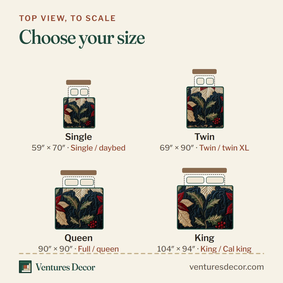 Size guide for the Festive Floral Dream Gold Vine Navy quilt, top view to scale: Single 59 x 70 in, Twin 69 x 90 in, Queen 90 x 90 in, King 104 x 94 in