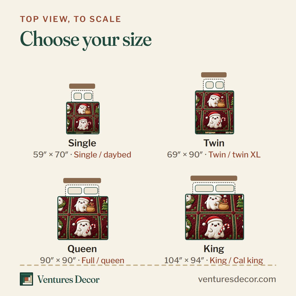 Size guide for the Festive Ghost Sampler Crimson quilt, top view to scale: Single 59 x 70 in, Twin 69 x 90 in, Queen 90 x 90 in, King 104 x 94 in