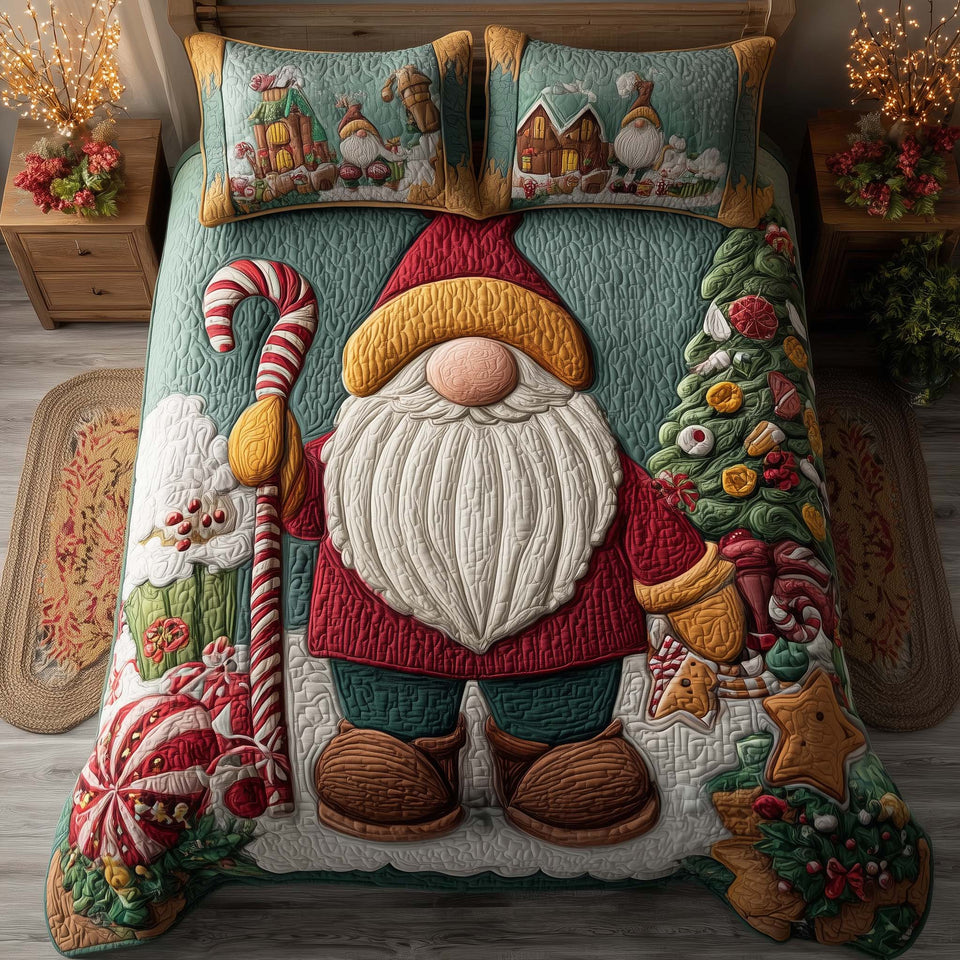 Festive Gnomes Candy Cane Gingerbread Lane quilted bedding set, quilt and two pillow shams on a made bed