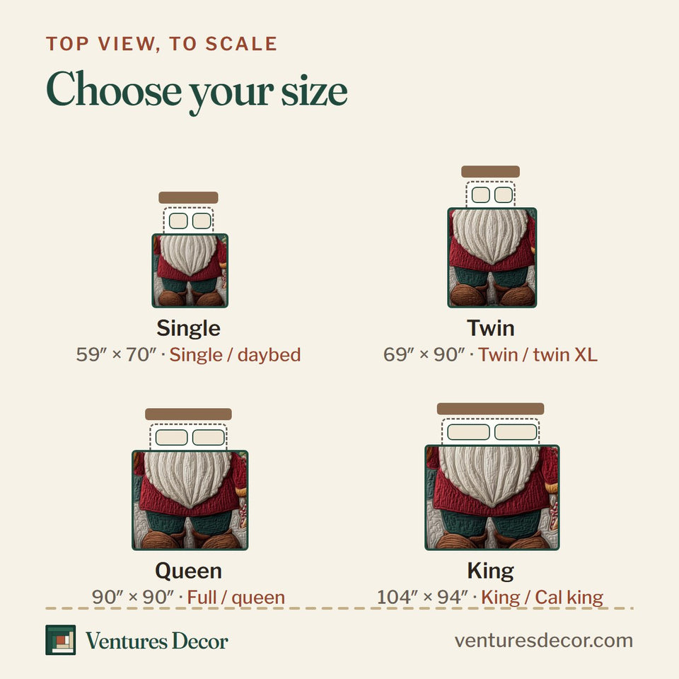 Size guide for the Festive Gnomes Candy Cane Gingerbread Lane quilt, top view to scale: Single 59 x 70 in, Twin 69 x 90 in, Queen 90 x 90 in, King 104 x 94 in
