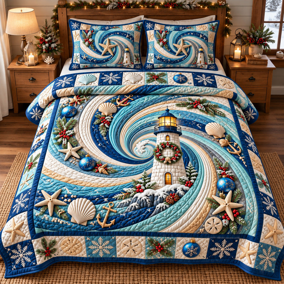 Festive Lighthouse Swirl quilted bedding set, quilt and two pillow shams on a made bed