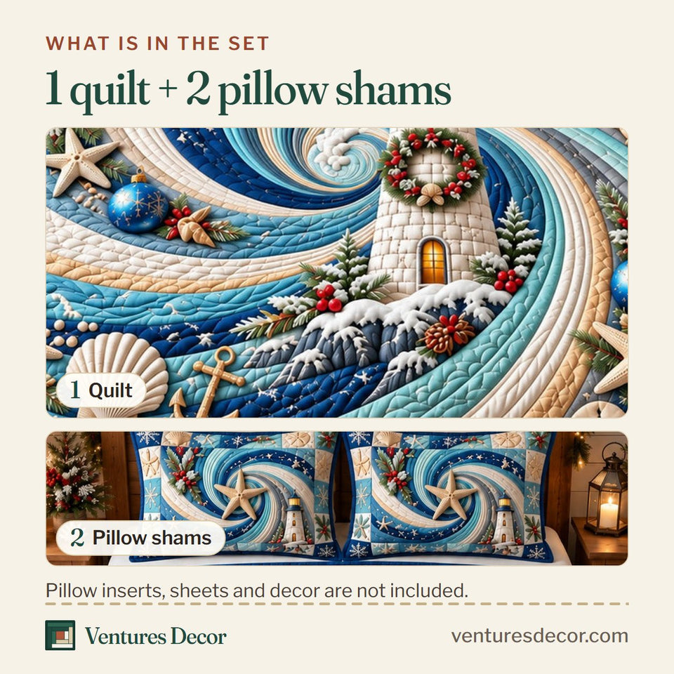 What is in the set: one quilt and two pillow shams, shown in the Coastal Festive Lighthouse Swirl Quilt Set, 3-Piece Quilted Bedding with 2 Pillow Shams design