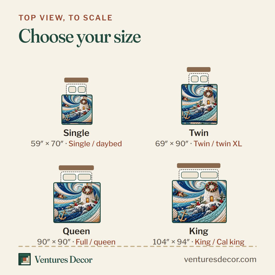 Size guide for the Coastal Festive Lighthouse Swirl Quilt Set, 3-Piece Quilted Bedding with 2 Pillow Shams quilt, top view to scale: Single 59 x 70 in, Twin 69 x 90 in, Queen 90 x 90 in, King 104 x 94 in