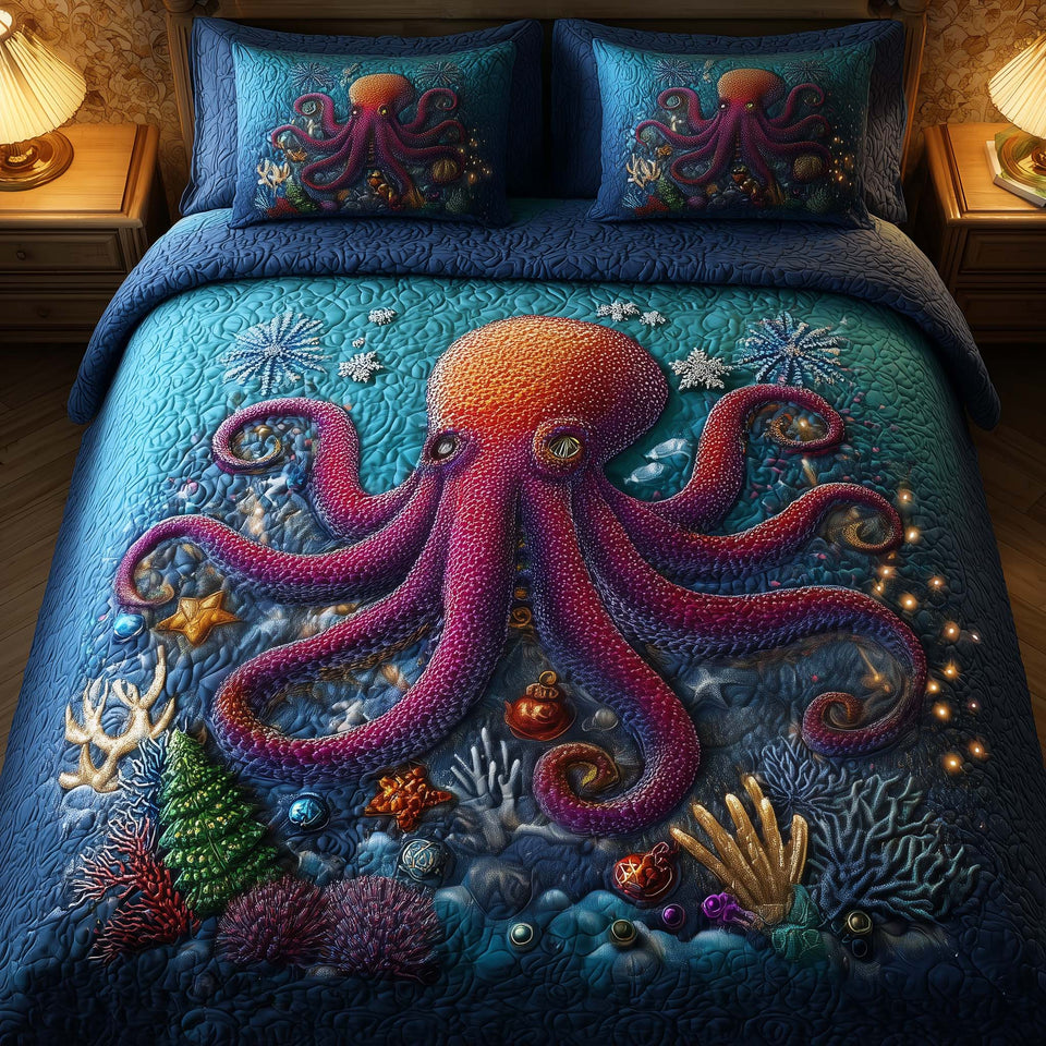 Festive Octopus Coral Reef Ornaments quilted bedding set, quilt and two pillow shams on a made bed