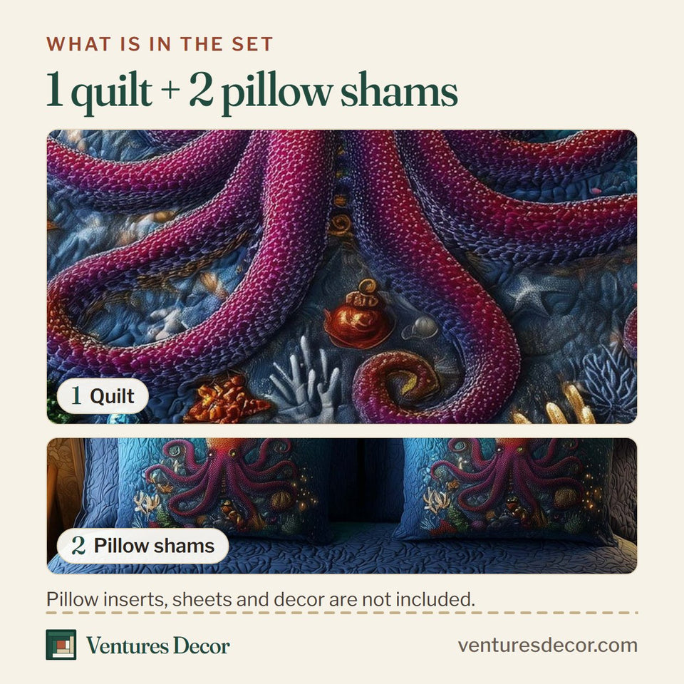 What is in the set: one quilt and two pillow shams, shown in the Festive Octopus Coral Reef Ornaments design