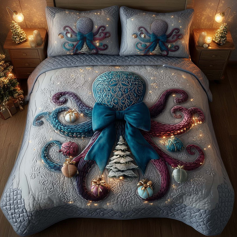 Festive Octopus Grey with Teal Bow quilted bedding set, quilt and two pillow shams on a made bed