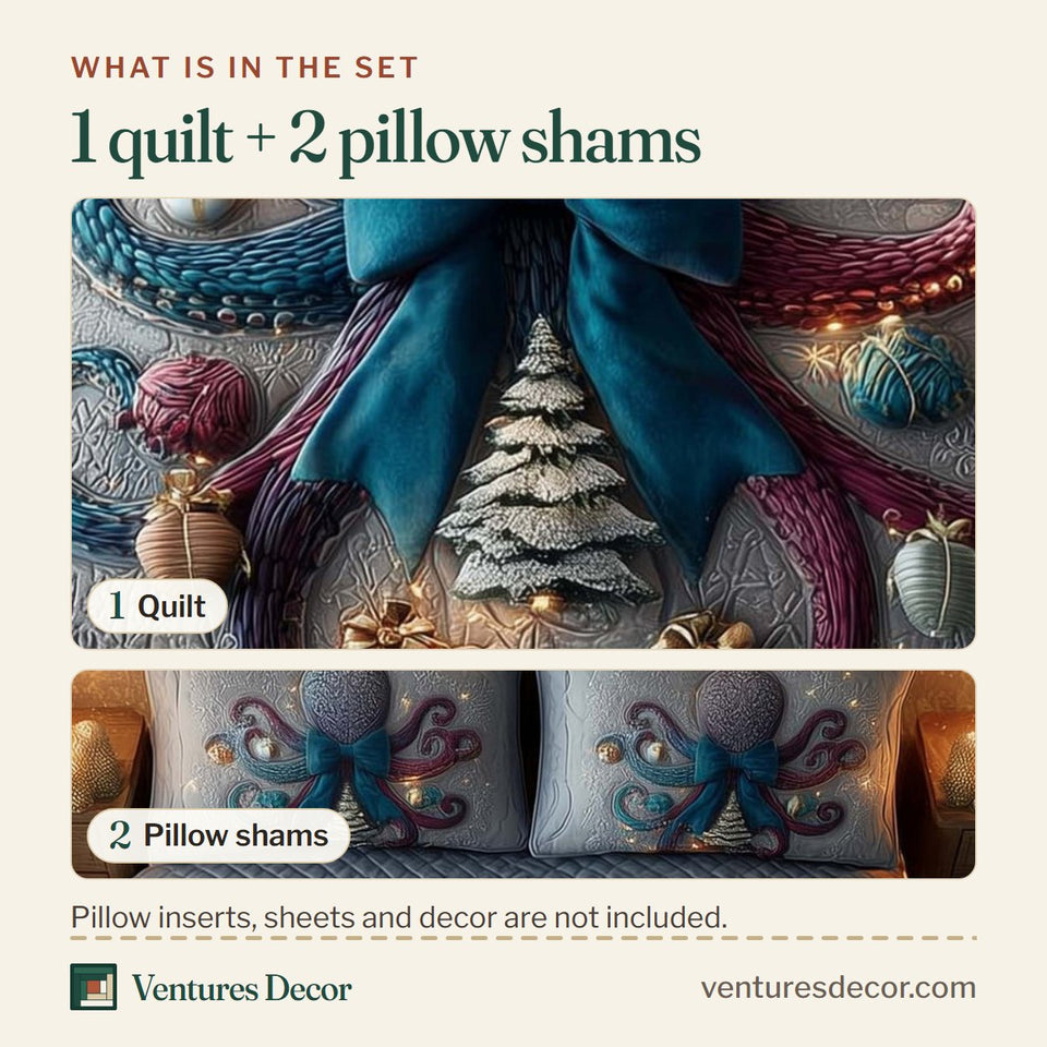 What is in the set: one quilt and two pillow shams, shown in the Festive Octopus Grey with Teal Bow design
