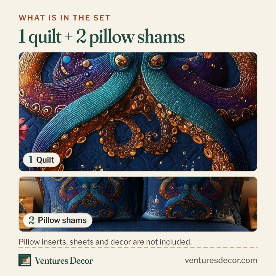 What is in the set: one quilt and two pillow shams, shown in the Festive Octopus Teal on Midnight Blue design