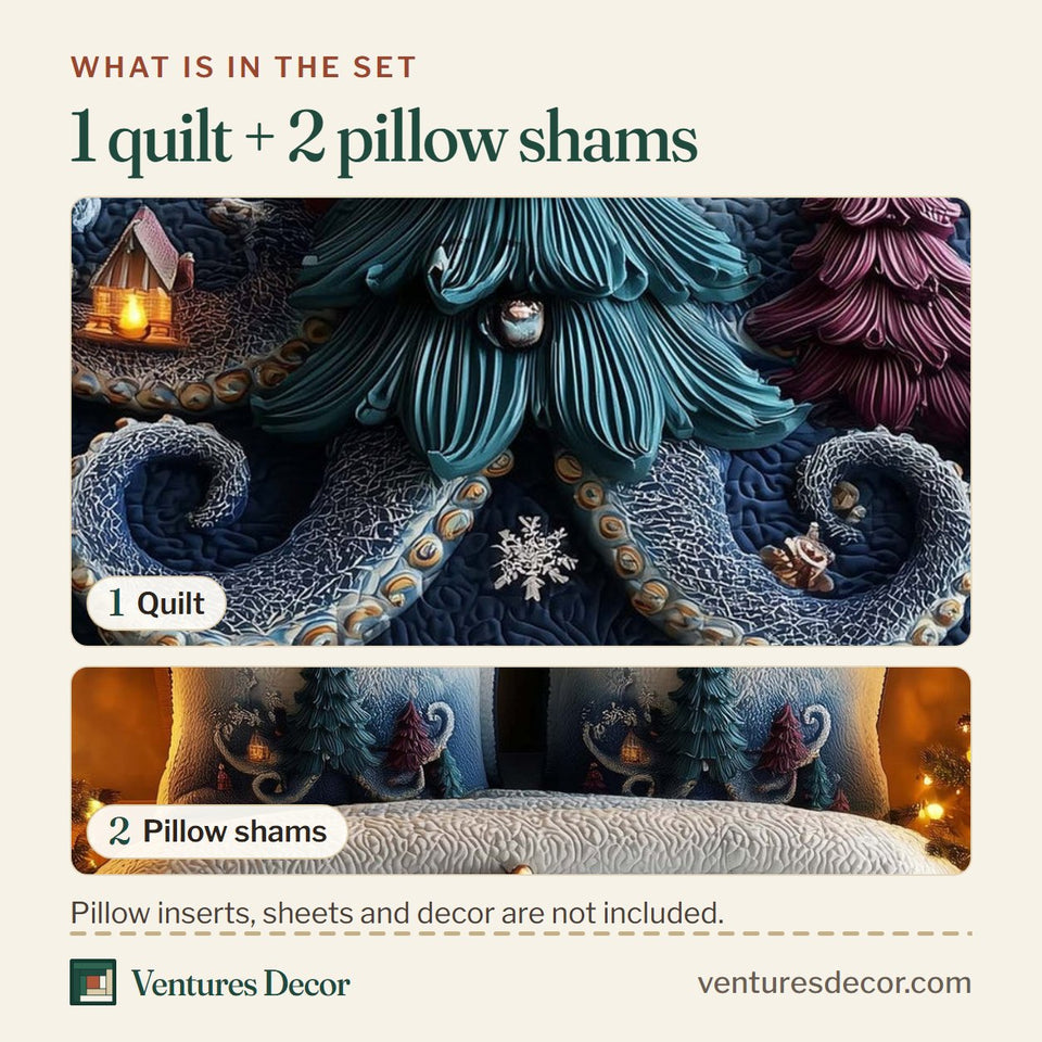 What is in the set: one quilt and two pillow shams, shown in the Festive Octopus Tentacles Around the Tree design