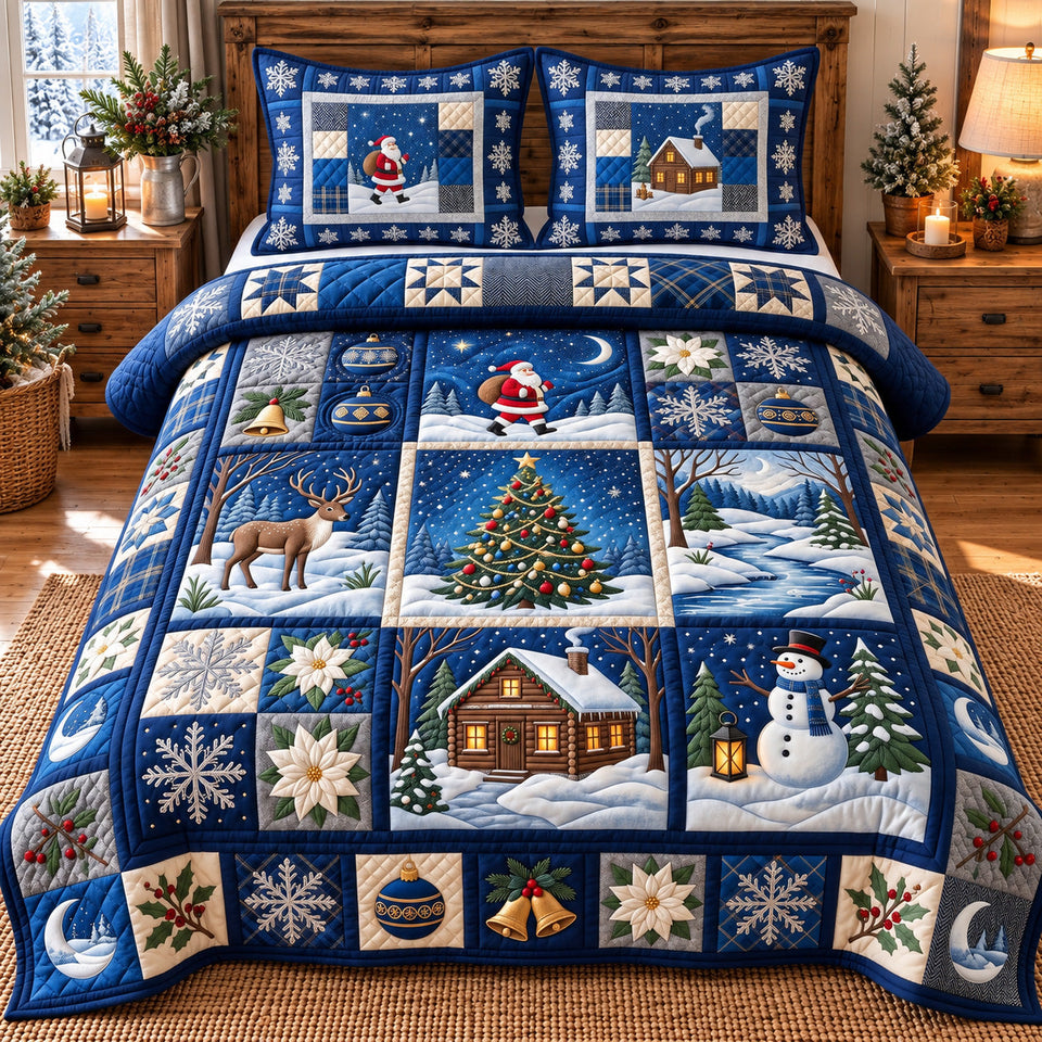 Festive Patchwork Christmas quilted bedding set, quilt and two pillow shams on a made bed