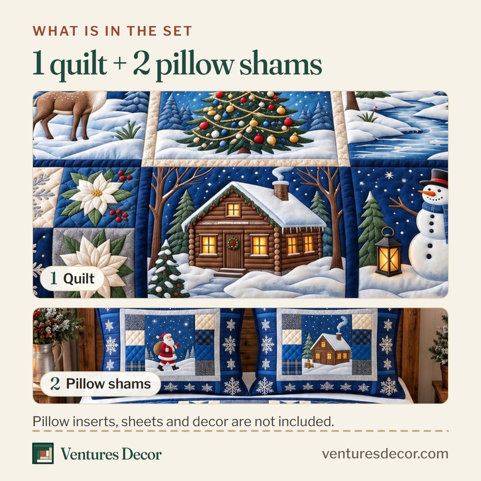 What is in the set: one quilt and two pillow shams, shown in the Festive Patchwork Christmas Quilt Set, 3-Piece Quilted Bedding with 2 Pillow Shams design