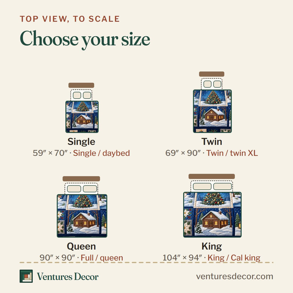 Size guide for the Festive Patchwork Christmas Quilt Set, 3-Piece Quilted Bedding with 2 Pillow Shams quilt, top view to scale: Single 59 x 70 in, Twin 69 x 90 in, Queen 90 x 90 in, King 104 x 94 in