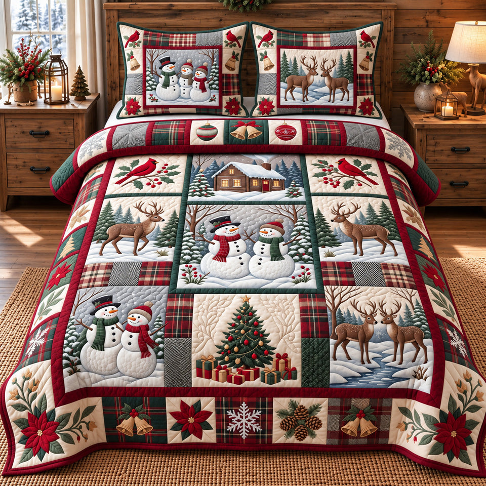 Festive Patchwork Holiday quilted bedding set, quilt and two pillow shams on a made bed