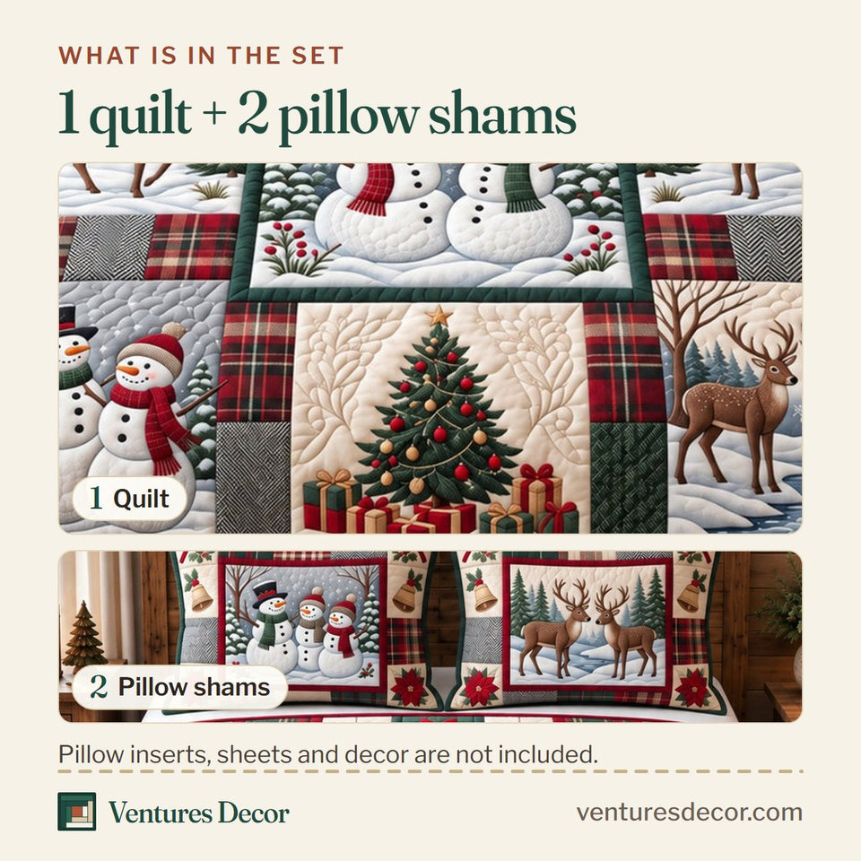 What is in the set: one quilt and two pillow shams, shown in the Festive Patchwork Holiday Quilt Set, 3-Piece Quilted Bedding with 2 Pillow Shams design
