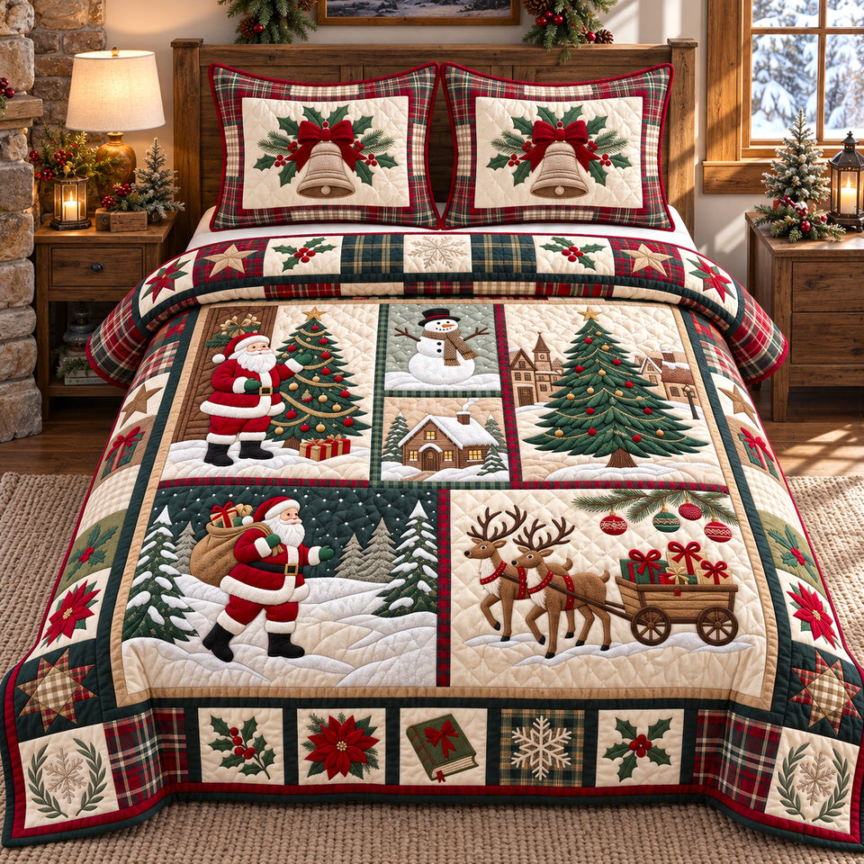 Festive Patchwork in Blush quilted bedding set, quilt and two pillow shams on a made bed