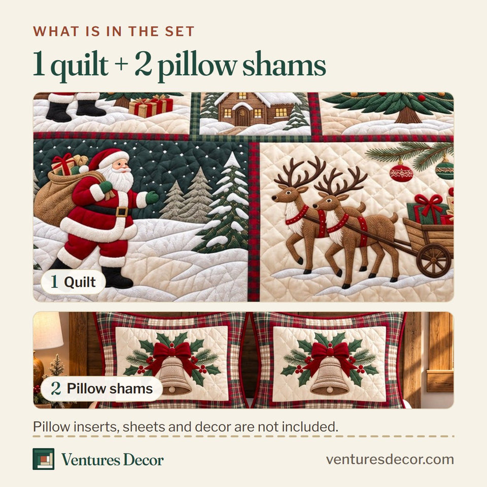 What is in the set: one quilt and two pillow shams, shown in the Festive Patchwork in Blush Quilt Set, 3-Piece Quilted Bedding with 2 Pillow Shams design
