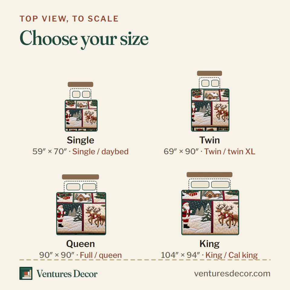 Size guide for the Festive Patchwork in Blush Quilt Set, 3-Piece Quilted Bedding with 2 Pillow Shams quilt, top view to scale: Single 59 x 70 in, Twin 69 x 90 in, Queen 90 x 90 in, King 104 x 94 in