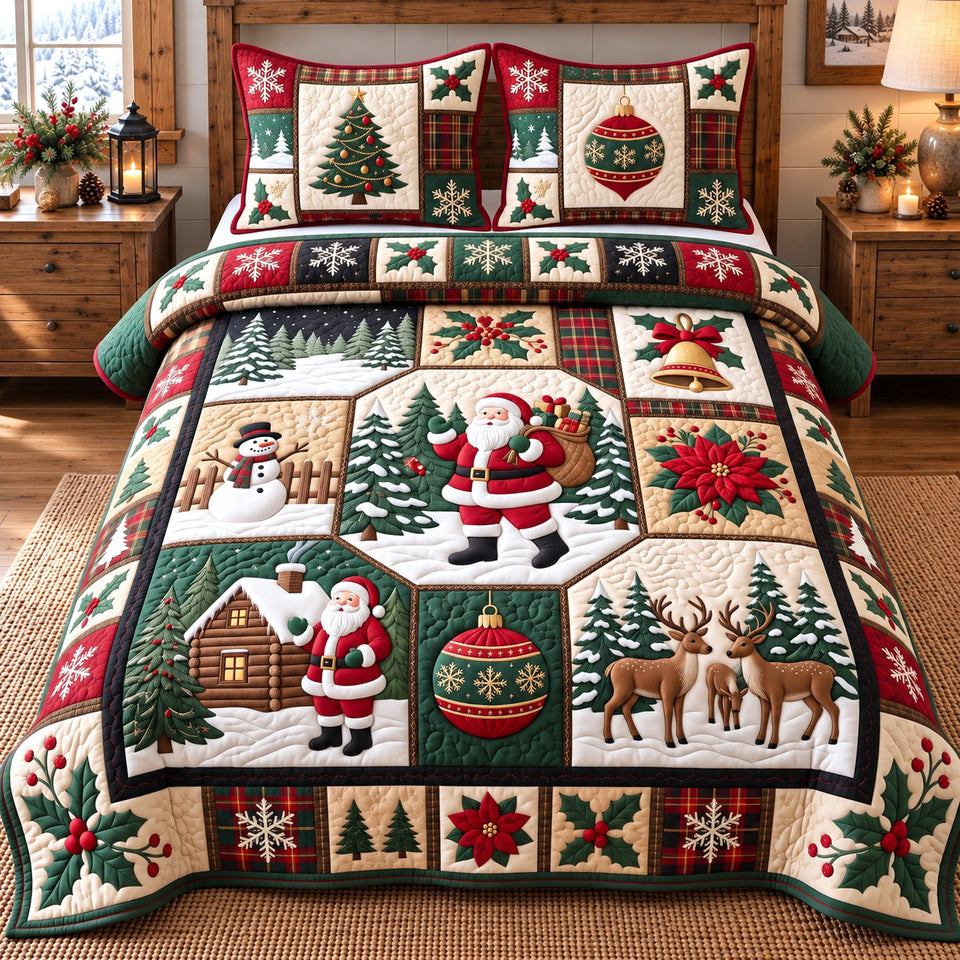 Festive Patchwork in Brown quilted bedding set, quilt and two pillow shams on a made bed