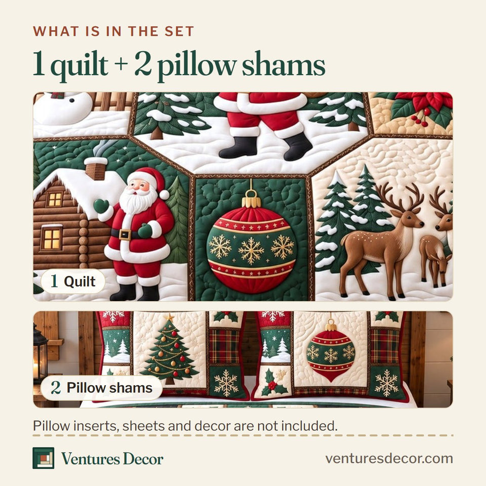 What is in the set: one quilt and two pillow shams, shown in the Festive Patchwork in Brown Quilt Set, 3-Piece Quilted Bedding with 2 Pillow Shams design