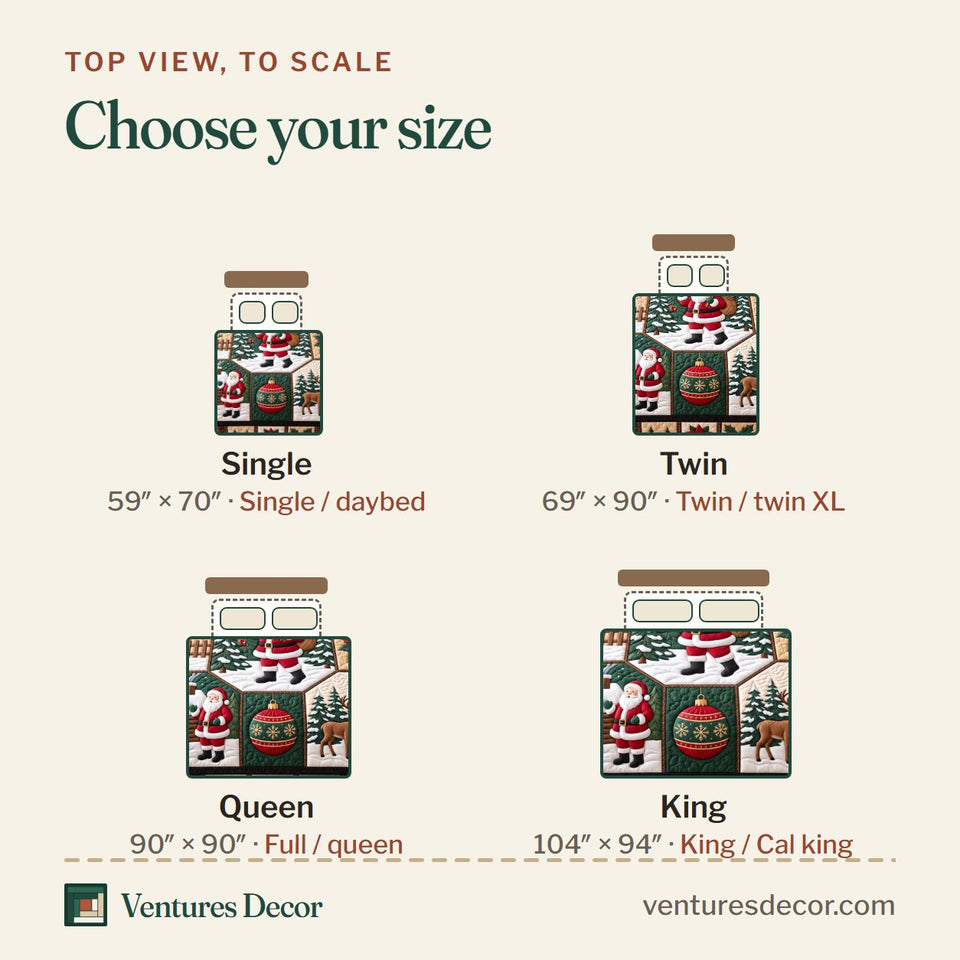 Size guide for the Festive Patchwork in Brown Quilt Set, 3-Piece Quilted Bedding with 2 Pillow Shams quilt, top view to scale: Single 59 x 70 in, Twin 69 x 90 in, Queen 90 x 90 in, King 104 x 94 in