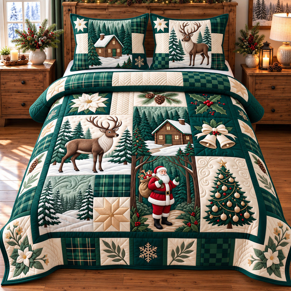 Festive Patchwork in Charcoal quilted bedding set, quilt and two pillow shams on a made bed