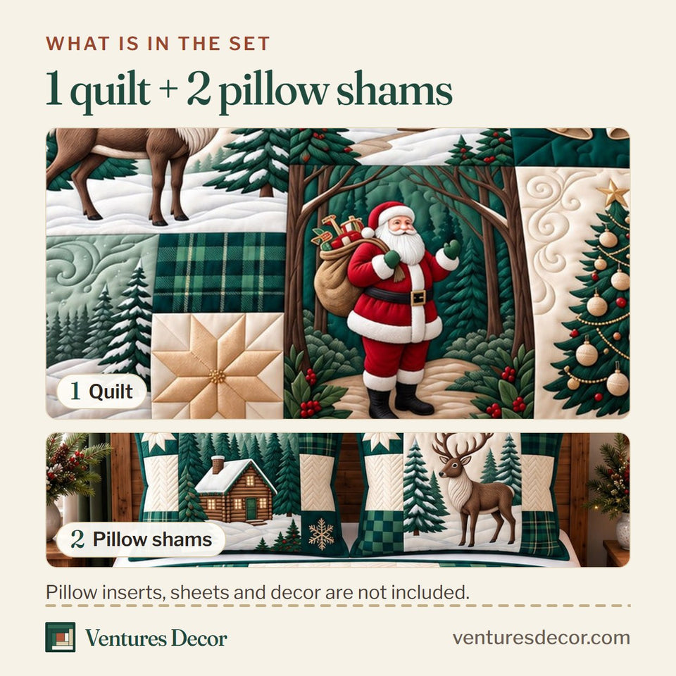 What is in the set: one quilt and two pillow shams, shown in the Festive Patchwork in Charcoal Quilt Set, 3-Piece Quilted Bedding with 2 Pillow Shams design
