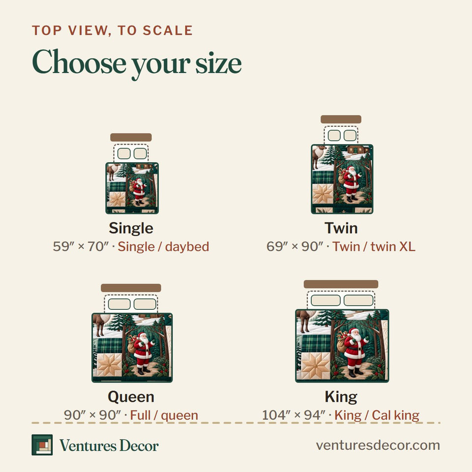 Size guide for the Festive Patchwork in Charcoal Quilt Set, 3-Piece Quilted Bedding with 2 Pillow Shams quilt, top view to scale: Single 59 x 70 in, Twin 69 x 90 in, Queen 90 x 90 in, King 104 x 94 in