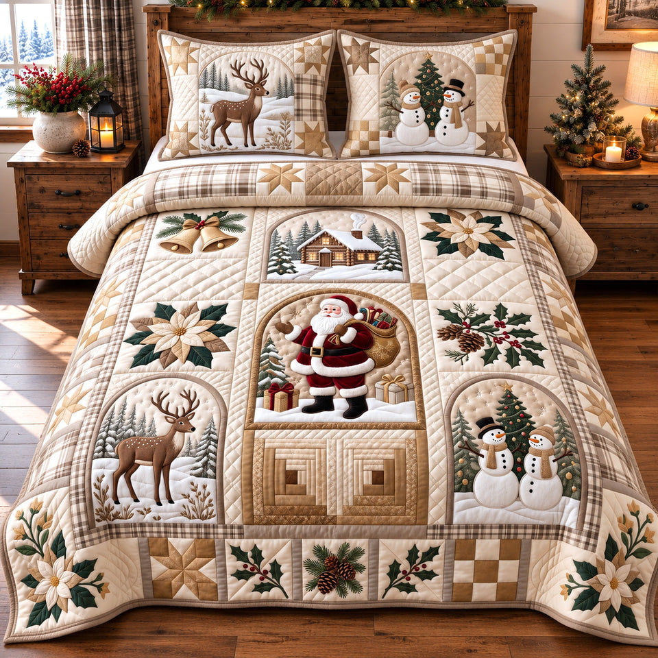 Festive Patchwork in Cream quilted bedding set, quilt and two pillow shams on a made bed