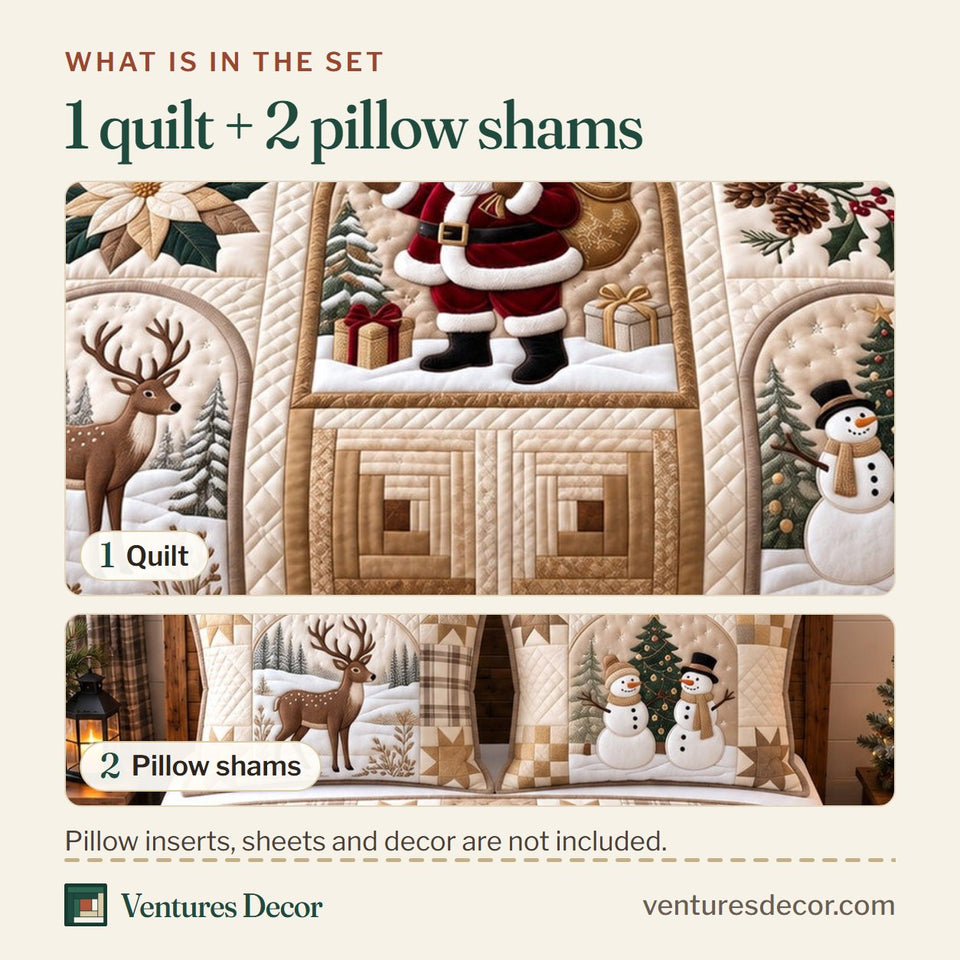 What is in the set: one quilt and two pillow shams, shown in the Festive Patchwork in Cream Quilt Set, 3-Piece Quilted Bedding with 2 Pillow Shams design