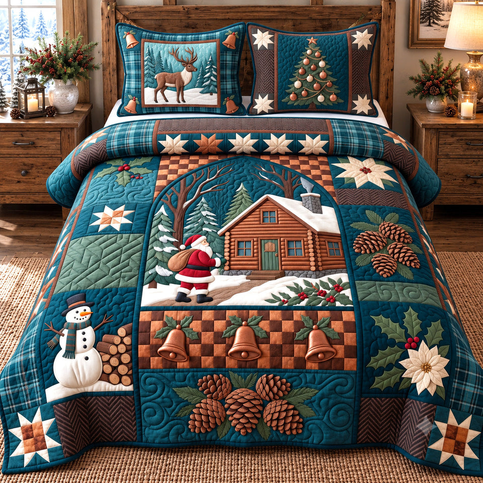 Festive Patchwork in Navy quilted bedding set, quilt and two pillow shams on a made bed