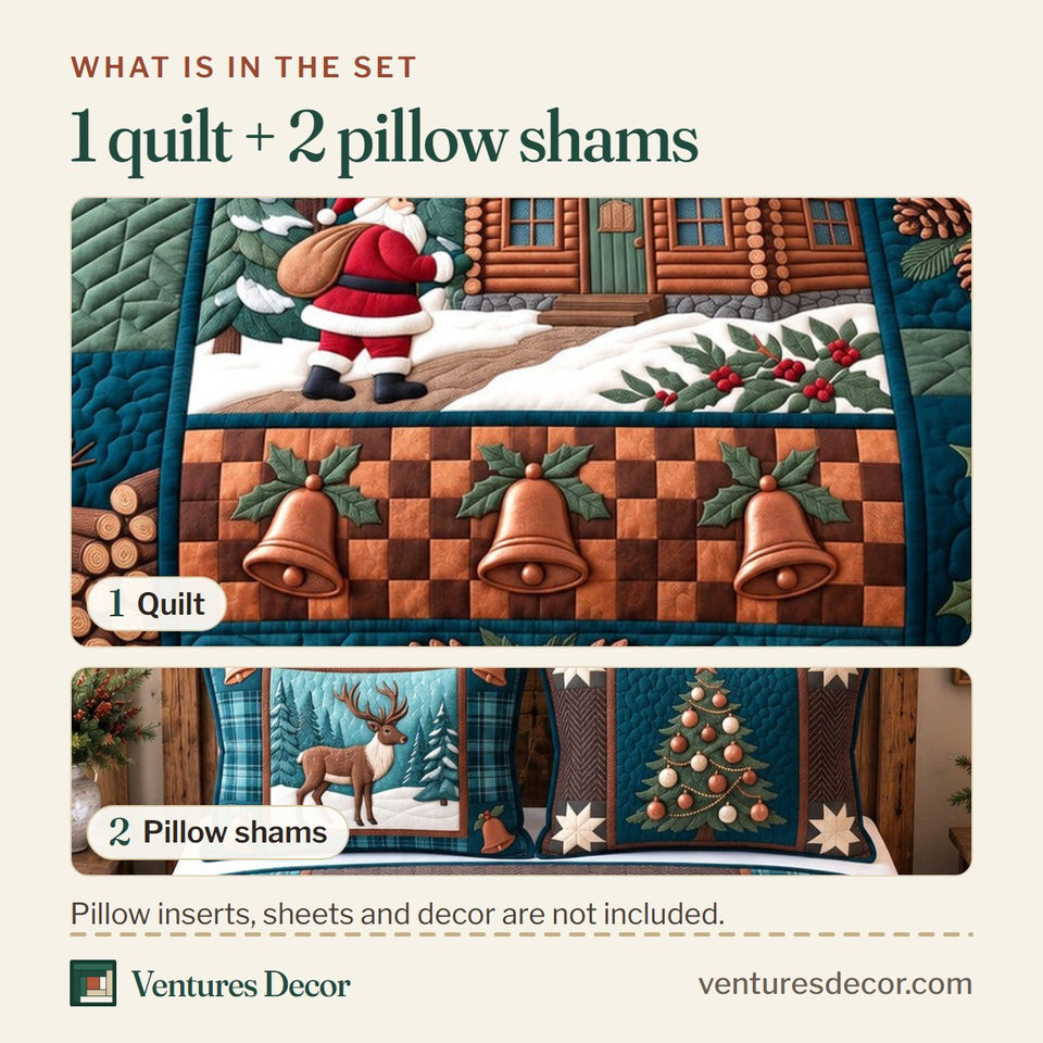 What is in the set: one quilt and two pillow shams, shown in the Festive Patchwork in Navy Quilt Set, 3-Piece Quilted Bedding with 2 Pillow Shams design
